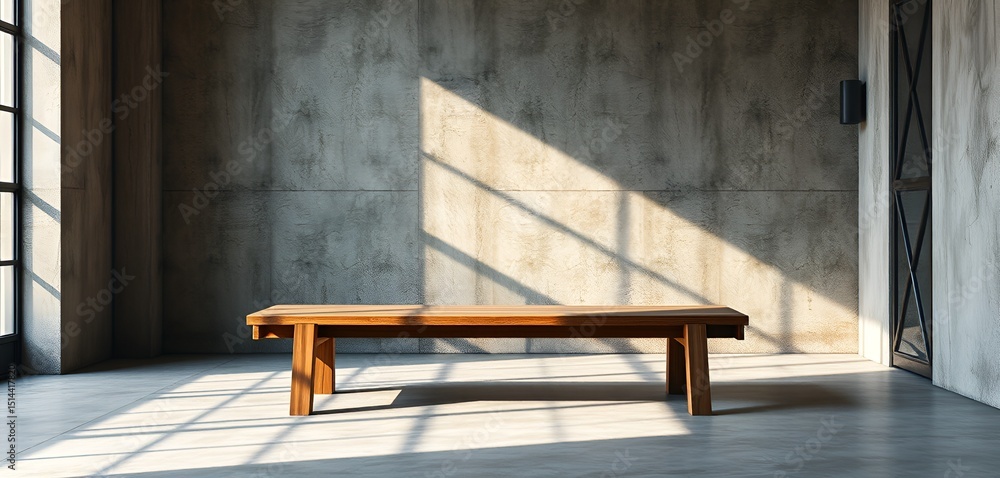 Sunlight streams across the room, illuminating a minimalist wooden table against a concrete wall. Sunlight streams across the room, illuminating a minimalist wooden table against a concrete wall.