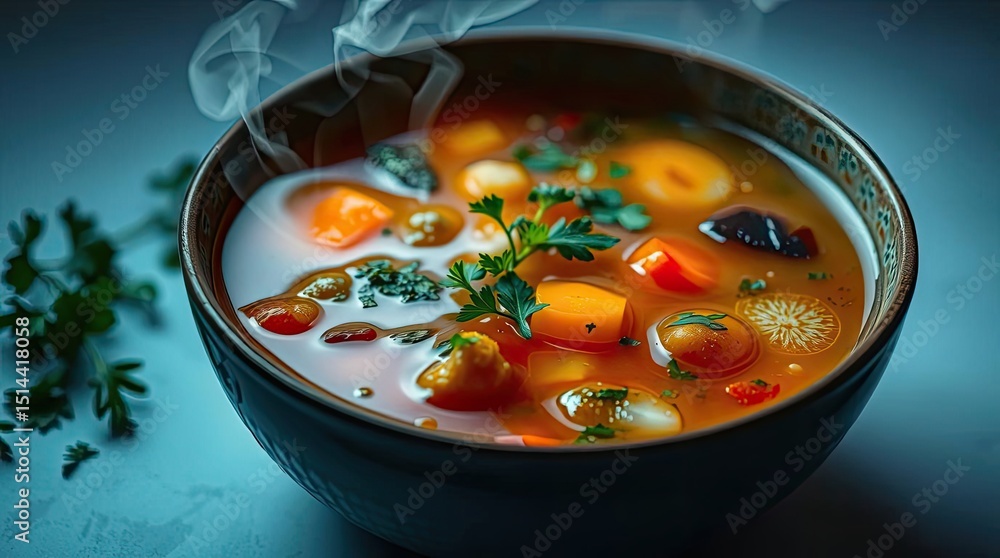 A bowl of steaming soup with vegetables and herbs on a table with a blue background in close up view A bowl of steaming soup with vegetables and herbs on a table with a blue background in close up view