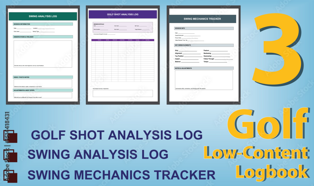 Obraz premium Golf Logbook Template Set, Editable EPS Files for Score Tracking, Course Notes & Performance Logs.