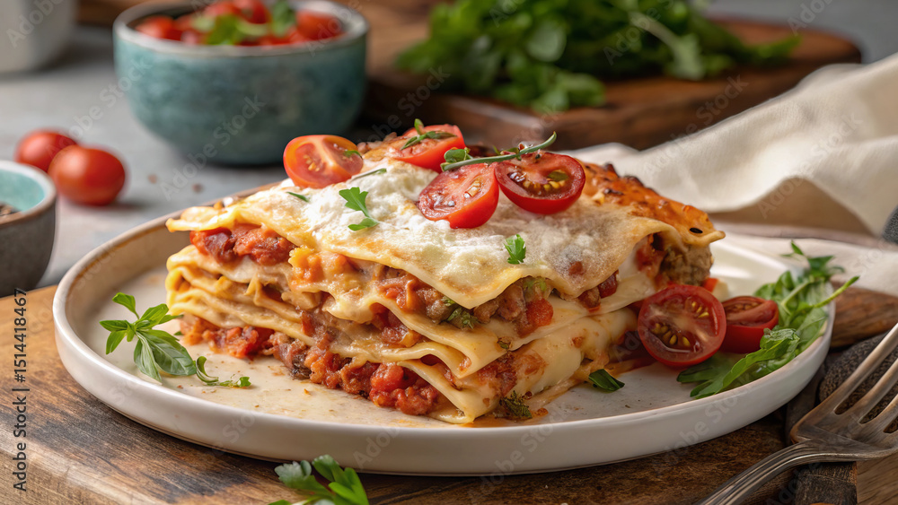 Steaming Hot Homemade Lasagna with Basil on White Plate Steaming Hot Homemade Lasagna with Basil on White Plate