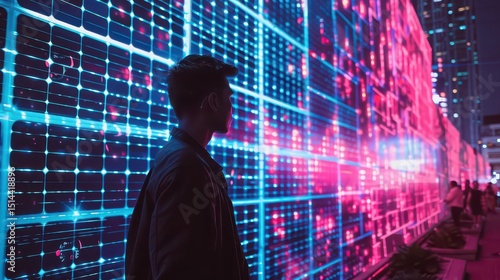 Person standing in front of a large led display with blue and pink lights at night in a city setting