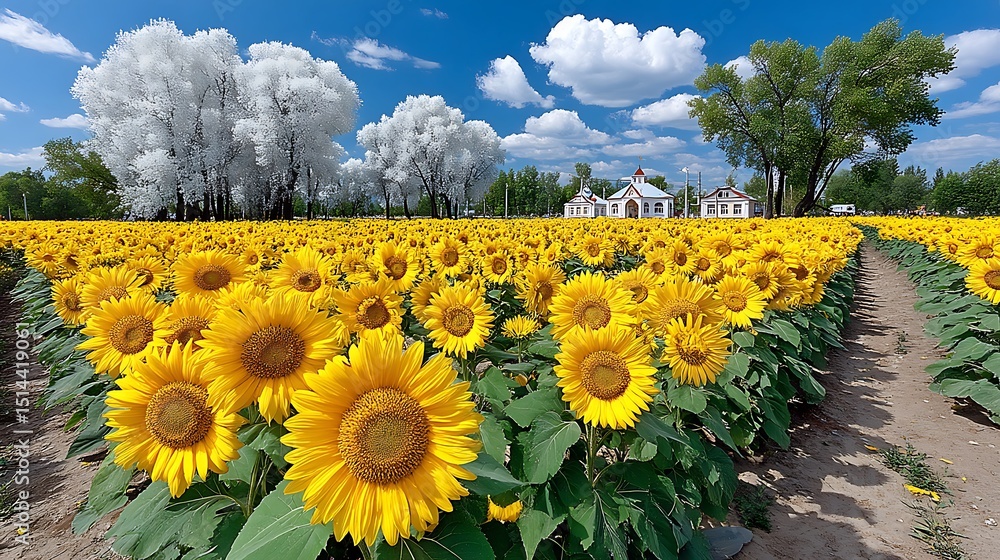 Obraz premium Vibrant Sunflower Field with White Trees and House Under a Bright Blue Sky
