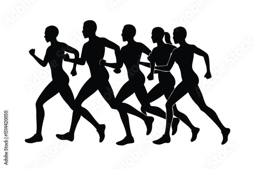 "Marathon Runners Silhouette – Group of Men and Women Running – Vector Illustration"

