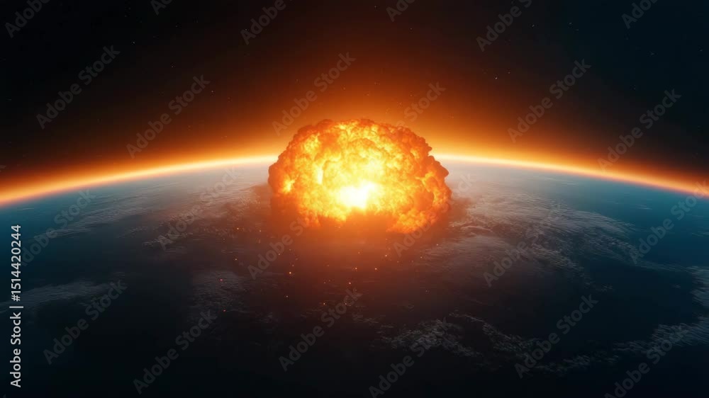 Massive fiery explosion erupts on planet surface with bright orange glow, intense fireball in space atmosphere creating dramatic nuclear blast, glowing particles and catastrophic energy impact