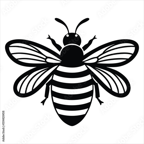 Black and white vector silhouette of a wasp with detailed wings and antennae, black and white wasp silhouette, cute wasp line art silhouette vector illustration