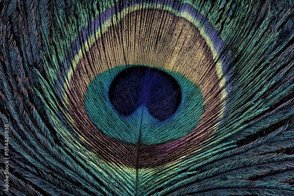 Obraz premium Vibrant Peacock Feather Close up Jewel toned Texture and Detailed Eye Pattern