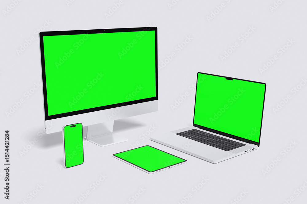 Multi device green screen with grey background color for mockup template Multi device green screen with grey background color for mockup template