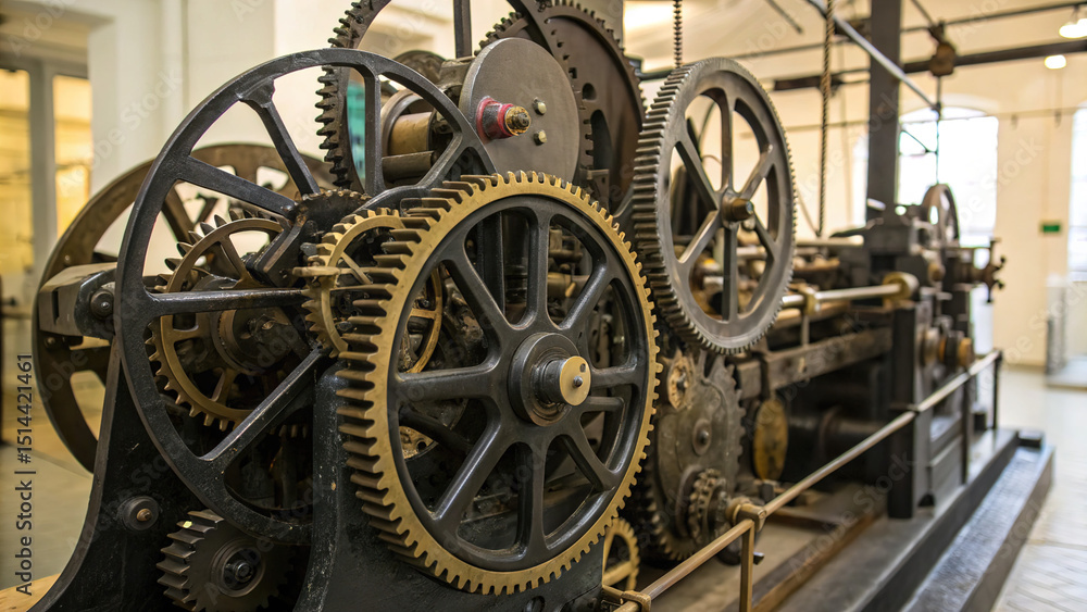 Obraz premium shows an industrial machine with large gears and cogs, likely part of a historical mechanical setup, possibly in a museum or exhibit. The machine has a complex arrangement of gears in various sizes an