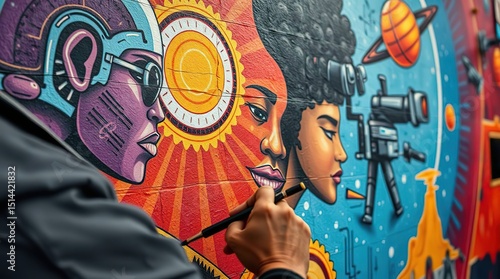 Artist adding to mural of diverse faces, sun, and planets with fine brush