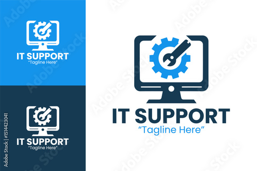 Professional IT Support Logo Design with Gear and Computer Icon for Business