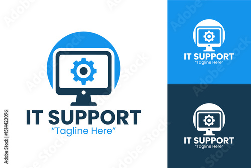 Minimalist IT Support Logo with Gear and Computer Screen for Digital Business