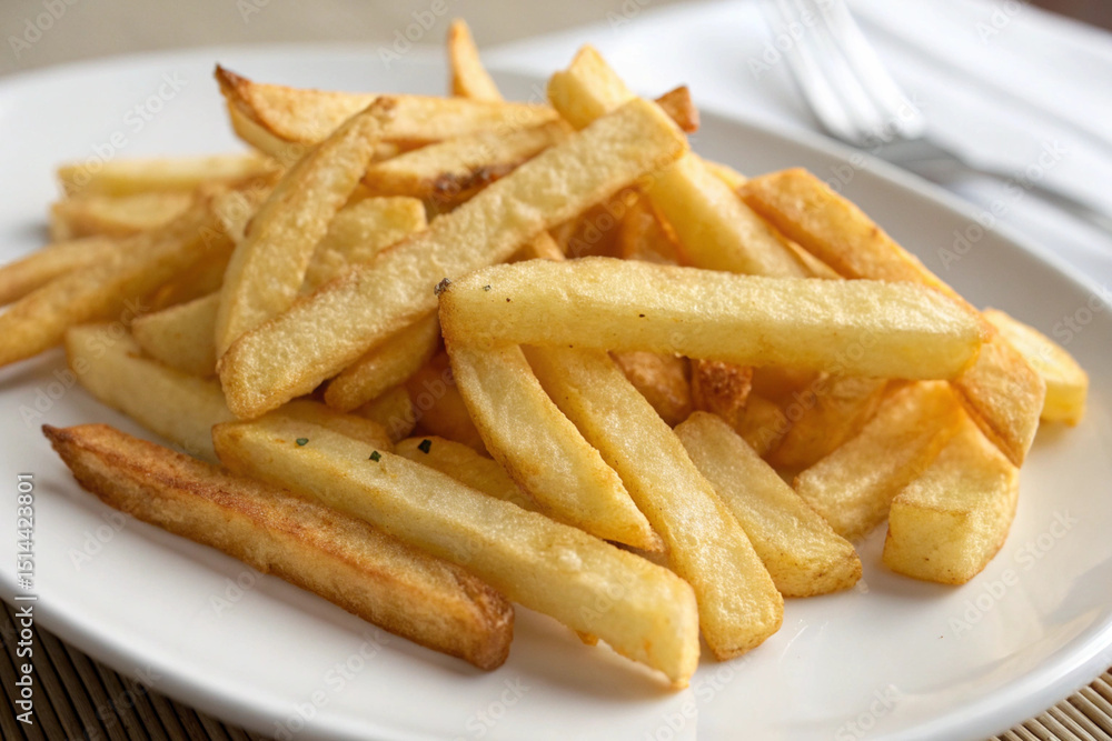 A close-up view of a serving of hot, salted french fries, highlighting their inviting texture. A close-up view of a serving of hot, salted french fries, highlighting their inviting texture.