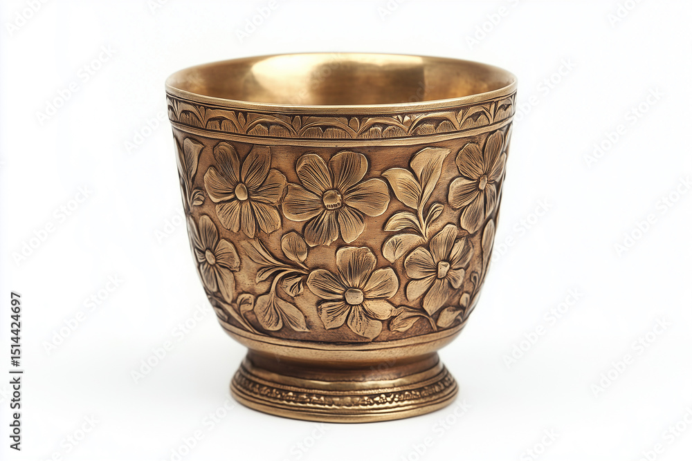 Isolated antique silver objects including a decorative vase, cup, and bowl with an old pattern