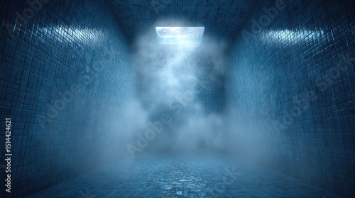 Long exposure shot of an empty misty indoor swimming pool corridor illuminated by overhead light with steam and reflections creating a mysterious atmosphere