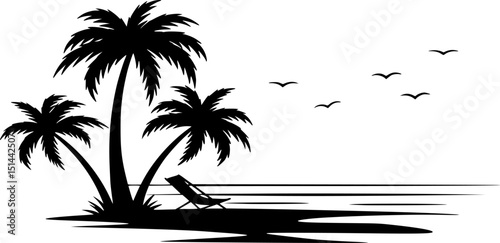 palm trees, beach chair, tropical, silhouette, minimalist, black and white, simple shapes
