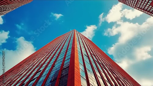 Majestic Red Skyscraper Piercing the Blue Sky