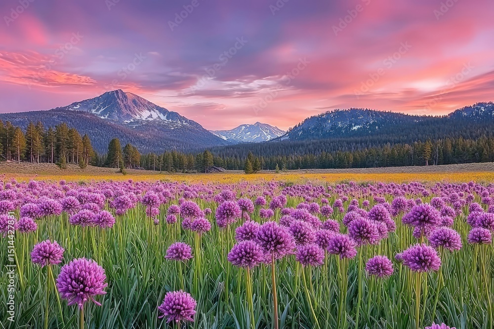 Obraz premium Vast field of purple flowers under a vibrant mountain sunset.