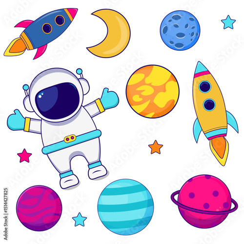 astronaut and planets cartoon style vector clip art