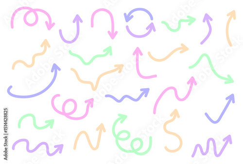 パステルカラーの手描き風のかわいい矢印のアイコンセット