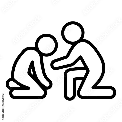 An (outline style) illustration of two stylized human figures kneeling, one dejected with head down and the other leaning in with an extended hand, denoting comfort, encouragement, empathy and support