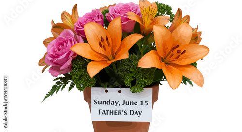 Father's Day Floral Arrangement: A vibrant bouquet of lilies and roses, presented in a clay pot with a message that's an exquisite expression of love and admiration.