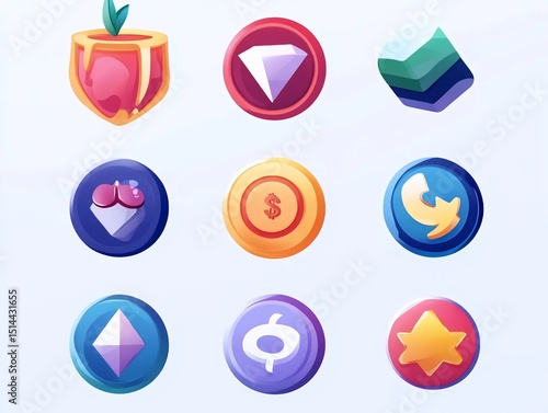 Nine colorful cartoon game currency icons