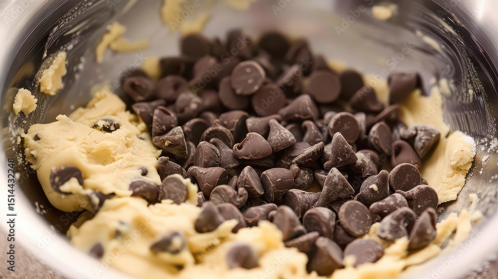 Fototapeta premium Close up of chocolate chips being added to cookie dough in a metal mixing bowl for baking prep work