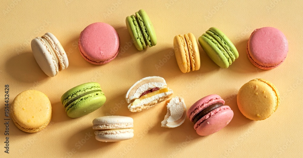 Obraz premium broken round macarons with crumbs on a yellow background, delicious dessert, top view