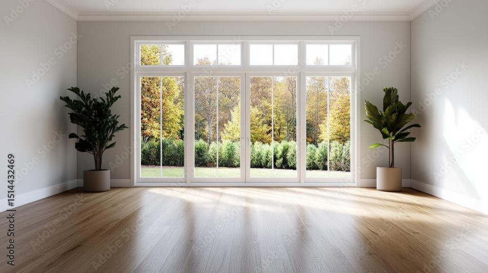 Bright spacious living room with large window glass doors overlooking lush green garden and trees Bright spacious living room with large window glass doors overlooking lush green garden and trees