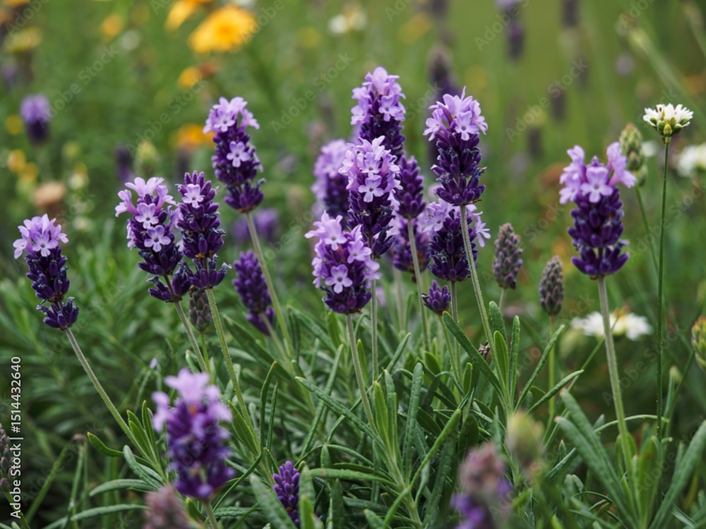 Closeup of lavender flowers, variety Hidcote Blue, with a green grass background Closeup of lavender flowers, variety Hidcote Blue, with a green grass background
