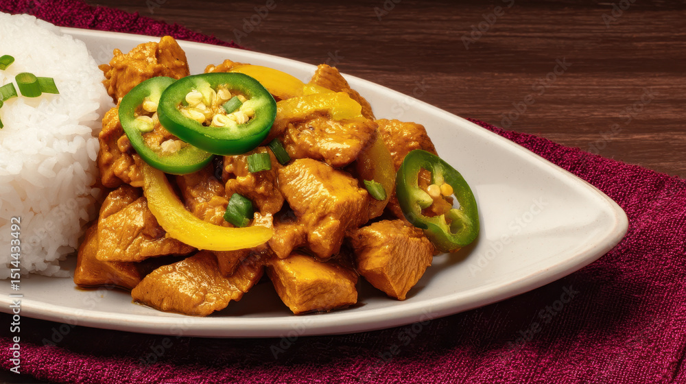 Delicious spicy chicken stir-fry with fresh green chili peppers served with white rice on a white oval plate against a wooden background Delicious spicy chicken stir-fry with fresh green chili peppers served with white rice on a white oval plate against a wooden background