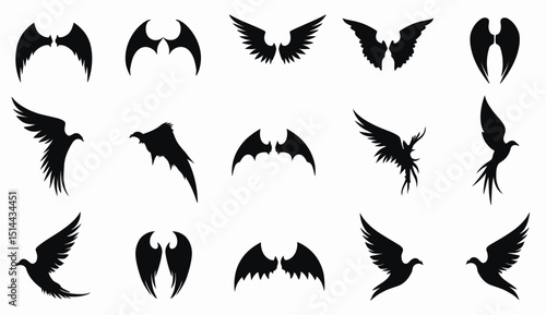 Collection of Silhouette Wing Vectors: Angel Wings, Bat Wings, and Bird Wings.