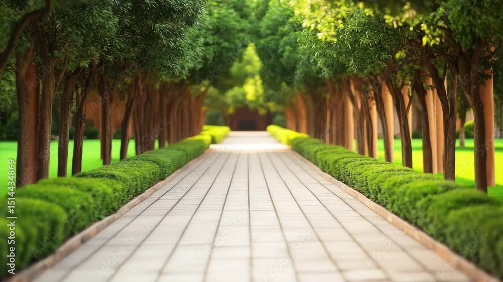 Tree lined walkway with green bushes and bright sunlight creating peaceful and inviting outdoor path in garden or park setting surrounded by nature and lush greenery Tree lined walkway with green bushes and bright sunlight creating peaceful and inviting outdoor path in garden or park setting surrounded by nature and lush greenery