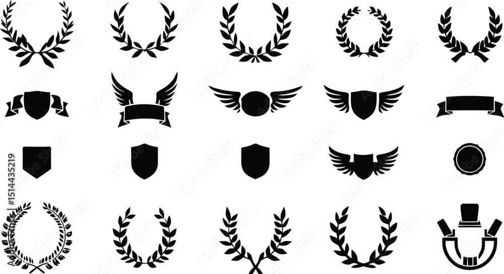Fototapeta premium Collection of various wreaths, shields, banners, and winged badge vector graphics for design elements.