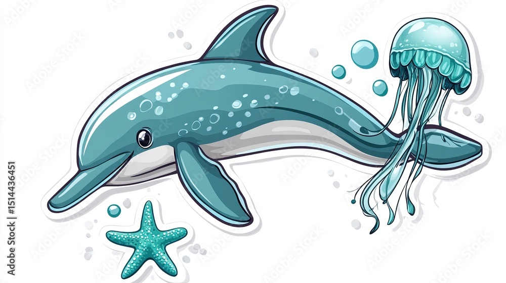 Obraz premium Cartoon dolphin and jellyfish with starfish