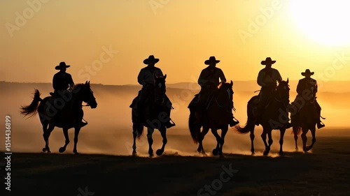 Silhouettes of five cowboys riding horses at sunset, front view