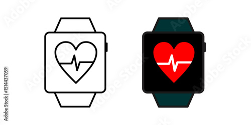 Digital smartwatch and heart pulse icon with editable stroke, black hand watch with heartbeat symbol