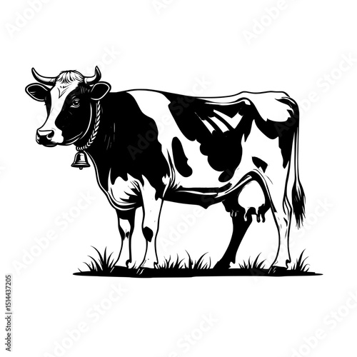 cow on a white background , black and white cow
cow on the grass , a cow with a bell standing on grass art