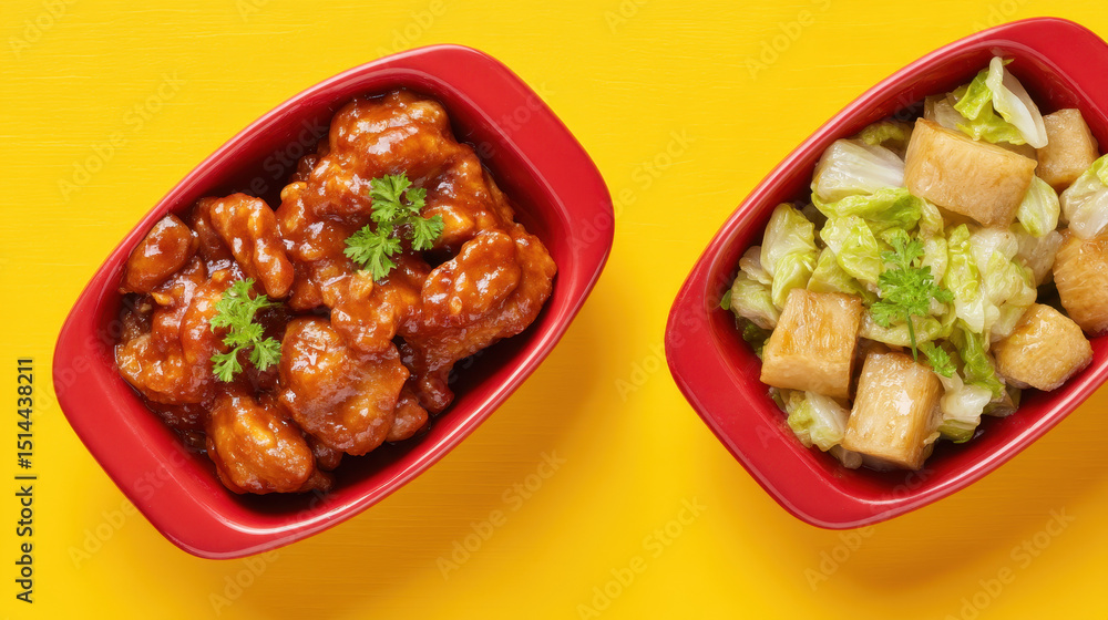 Fototapeta premium Two red bowls filled with Asian-style sweet and sour chicken and chopped lettuce with croutons on a bright yellow background for delicious meal presentation