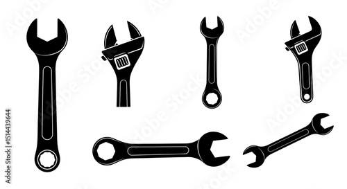 Collection of Wrenches and Spanners on Transparent Background Ideal for Repair and Maintenance Themed Visuals Featuring Mechanical Equipment in Steel Chrome and Metal