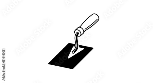 Black and White Line Drawing of a Trowel Tool for Masonry Construction on transparent background