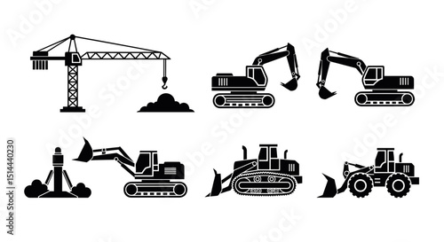 Black Silhouette of Crane Excavators and Bulldozer Construction Machinery Icons on Black Background