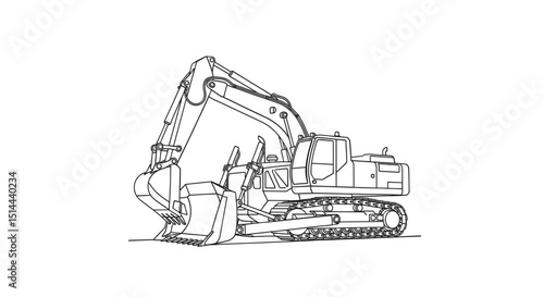 Minimalist Line Drawing of a Mechanical Digger Construction Equipment in Black and White Isolated Against Black Background