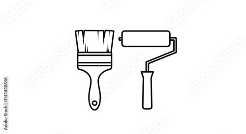 Minimalist Line Drawing of Paintbrush and Roller on transparent Background Depicting Home Renovation Tools for Painting and Construction
