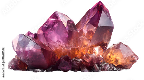 Vibrant amethyst crystal formation illuminated against a solid showcasing natural beauty and mineralogical detail isolated on white transparent background PNG cutout