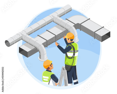 HVAC ductwork installation team of two male technicians in safety vests and helmets working on industrial air ventilation system on ceiling indoors