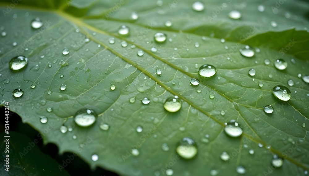 A detailed shot of a green leaf, beautifully adorned with sparkling water droplets. A detailed shot of a green leaf, beautifully adorned with sparkling water droplets.