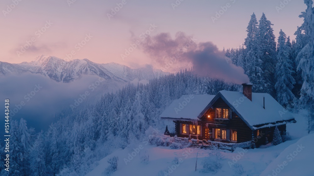 Fototapeta premium Enchanting winter cabin nestled amidst snow-covered mountains at twilight hour