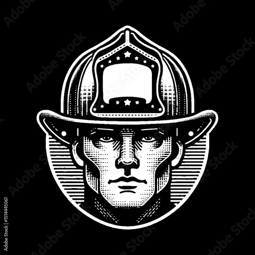 Firefighter Face With Classic Helmet And Serious Expression Illustration – Retro Hand-Drawn Heroic Portrait Vector Artwork for T-Shirts, Posters, Stickers, and Firefighter-Themed Apparel Designs