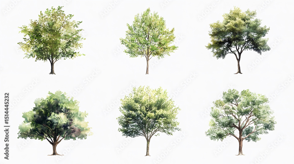 Fototapeta premium Six watercolor trees standing in harmony embodying nature s serene beauty and peace on a clean